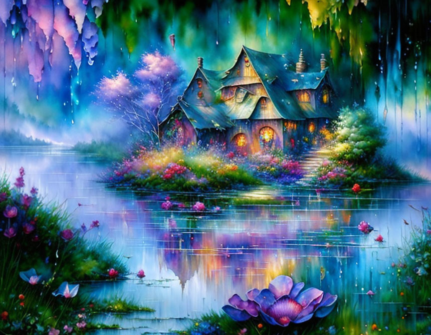 Colorful Fantasy Cottage Surrounded by Lush Flora and Serene Lake