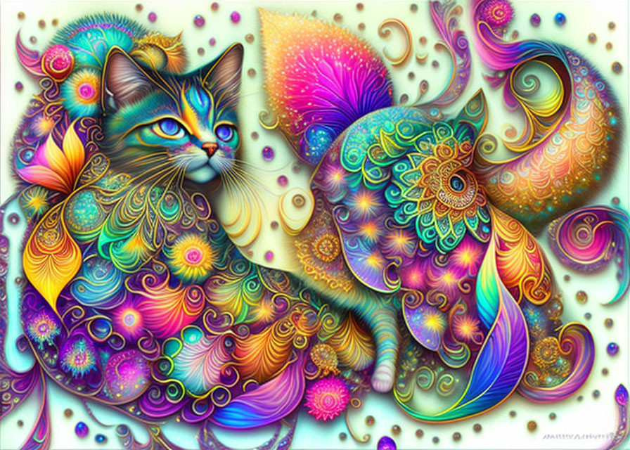 Colorful Stylized Cat Artwork with Psychedelic Patterns