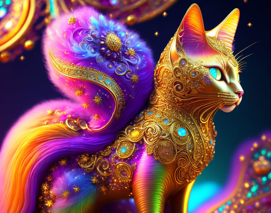 Majestic golden cat with ornate patterns and jewels