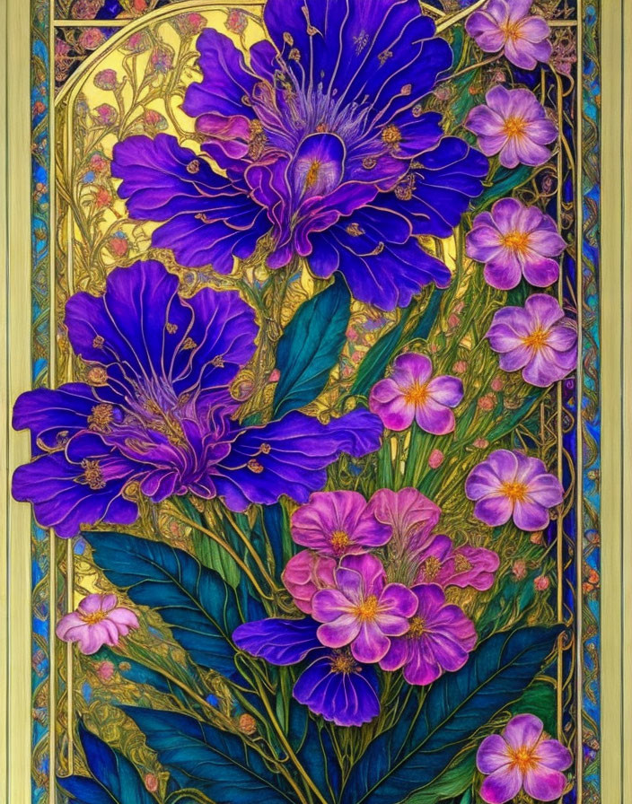 Colorful Blue and Purple Flowers on Gold Art Nouveau Background