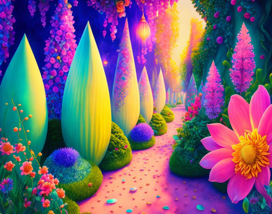 Colorful surreal landscape with oversized flowers, glowing lamp, and enchanting path