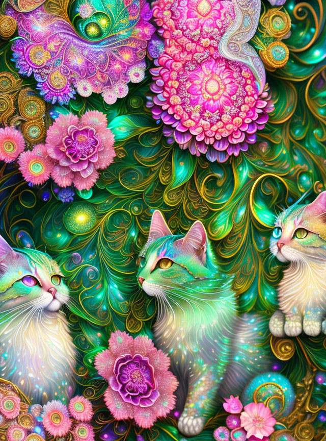 Ethereal Cats Among Colorful Flowers in Dreamlike Scene