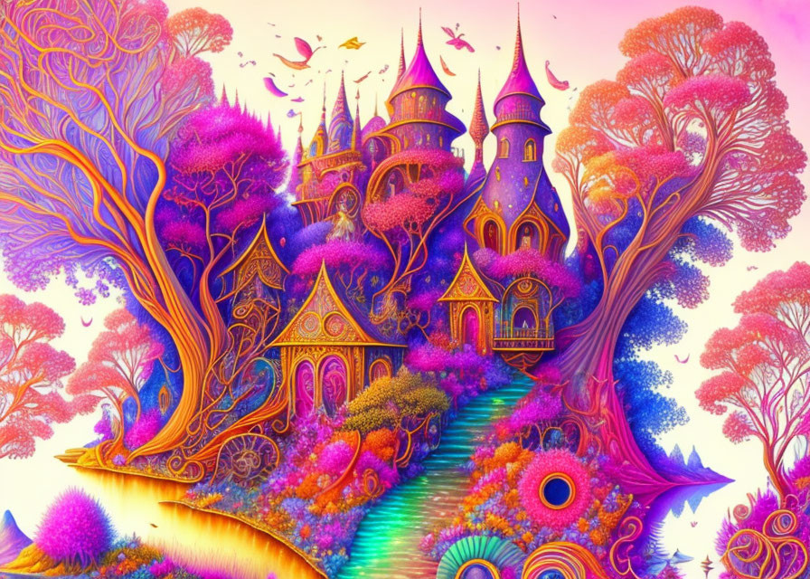 Colorful whimsical castle in vibrant fantasy landscape