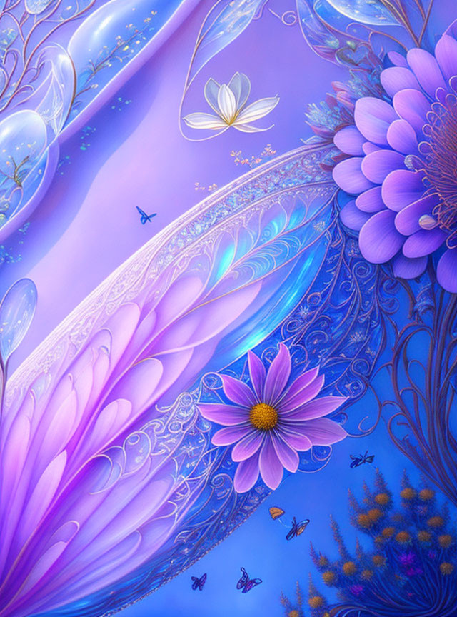 Fantasy Floral Composition in Blue and Purple with Butterflies