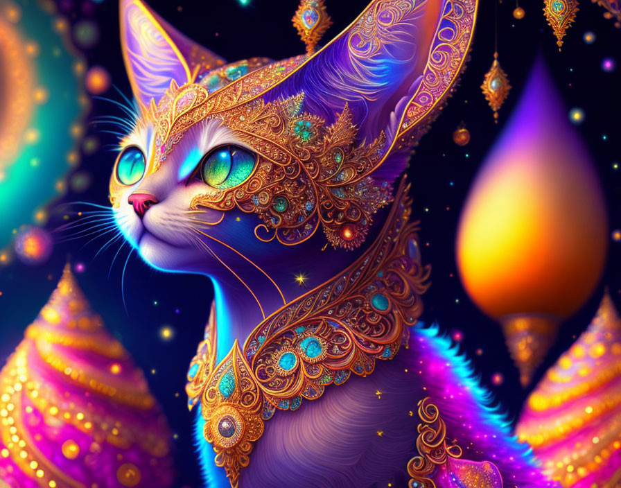 Fantastical cat illustration with ornate gold and turquoise jewelry on mystical background