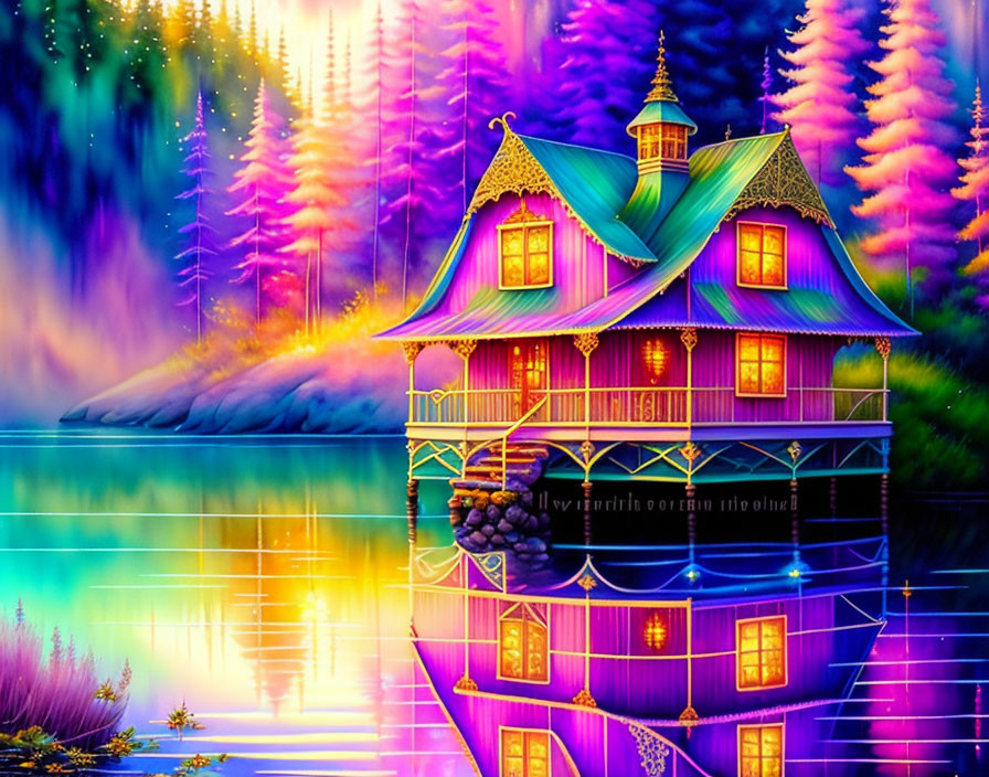 Colorful multi-level house by serene lake at dusk