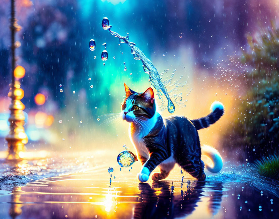 Colorful cat swatting at water droplets with street lamps and rain