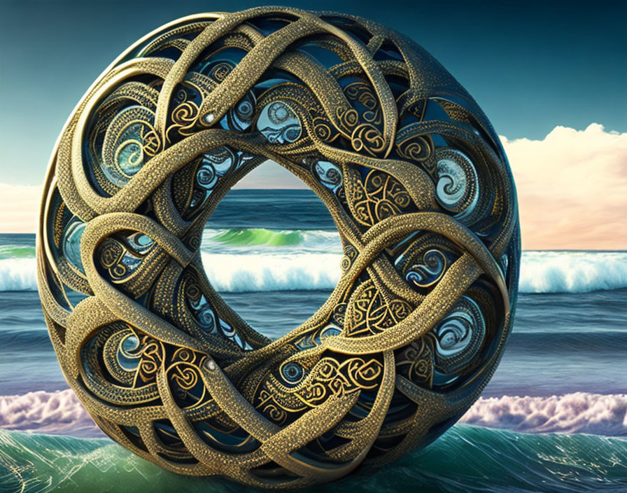 Celtic-style knot sculpture above tranquil sea with rolling waves