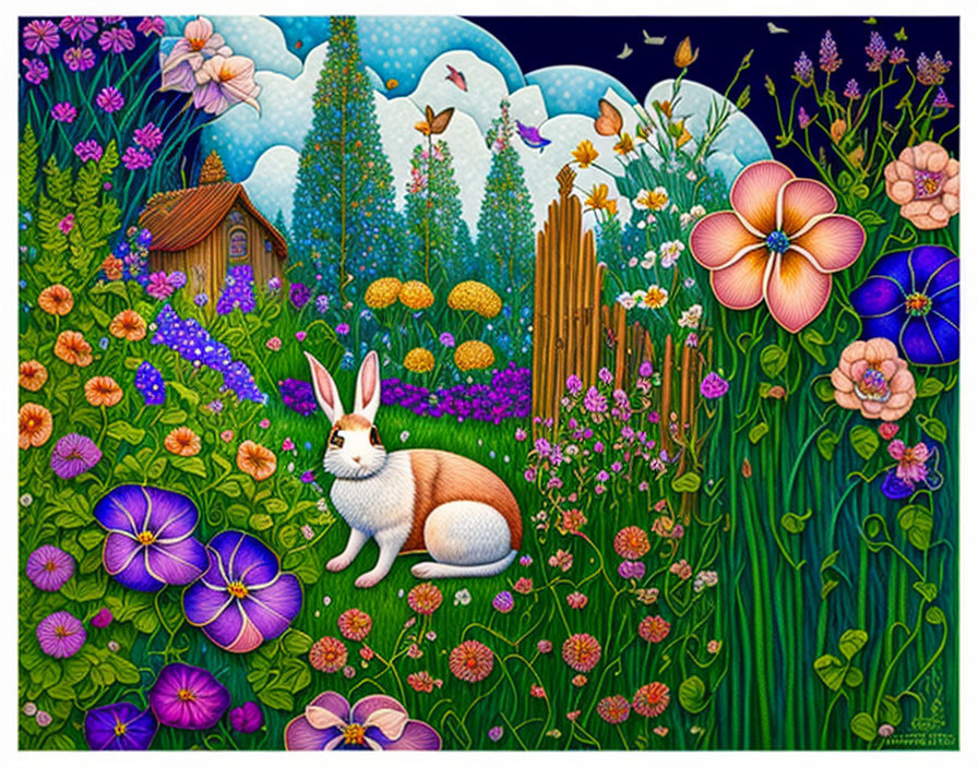 Whimsical garden illustration with white rabbit and vibrant flowers