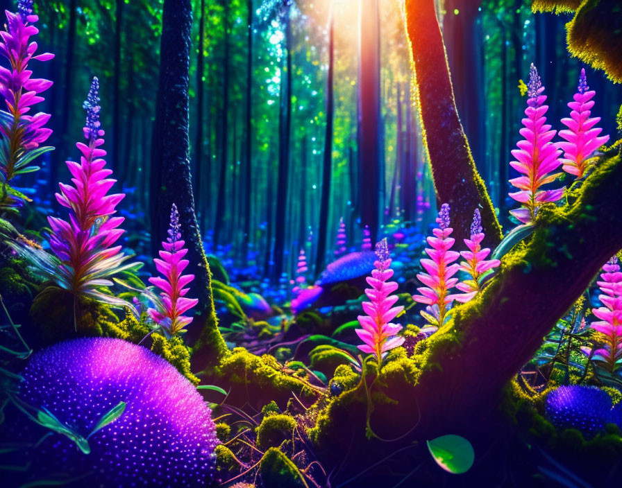 Enchanted forest with pink flowers, purple mushrooms, moss-covered trees