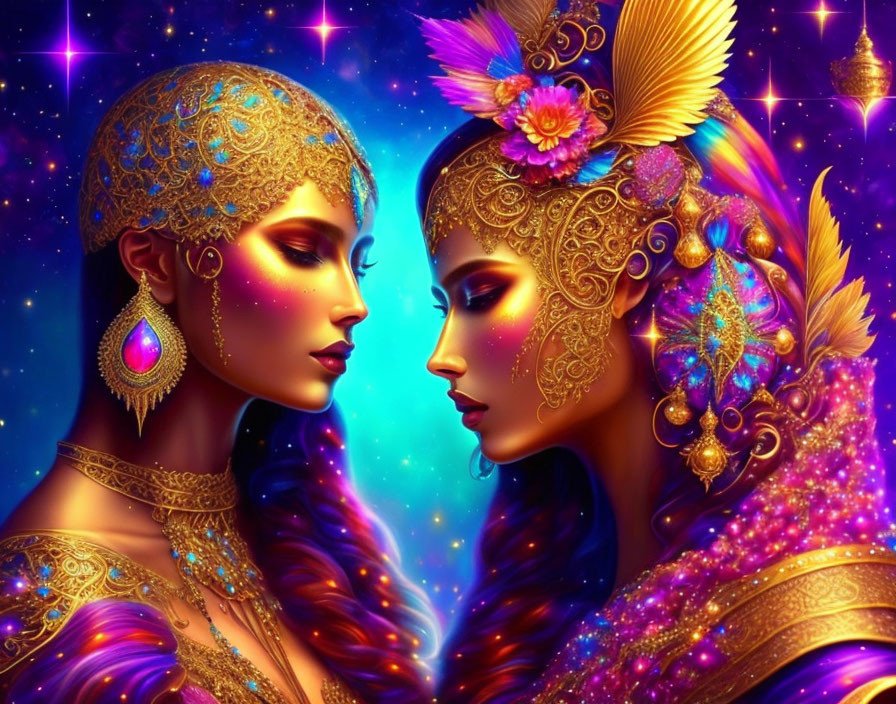 Stylized women in ornate gold jewelry against cosmic backdrop