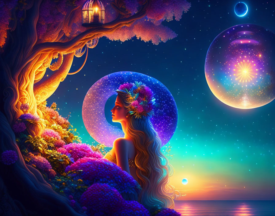 Fantasy illustration of woman with floral wreath under starry night sky