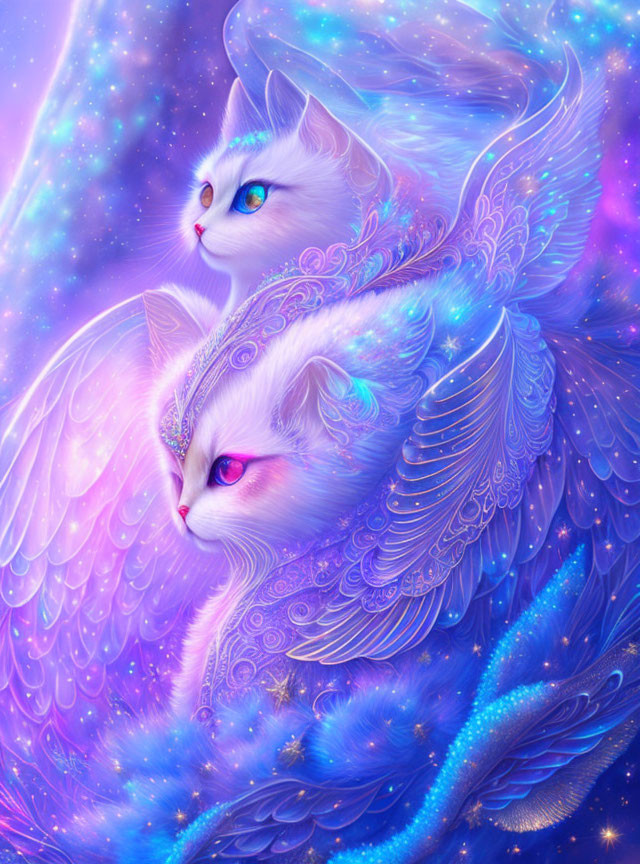 Colorful Winged Cats in Mystical Starry Scene