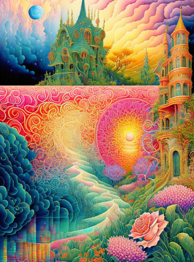 Surreal Landscape with Whimsical Towers and Colors