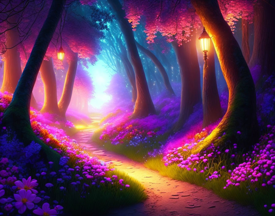 Enchanting forest path with purple and pink flora and glowing lanterns