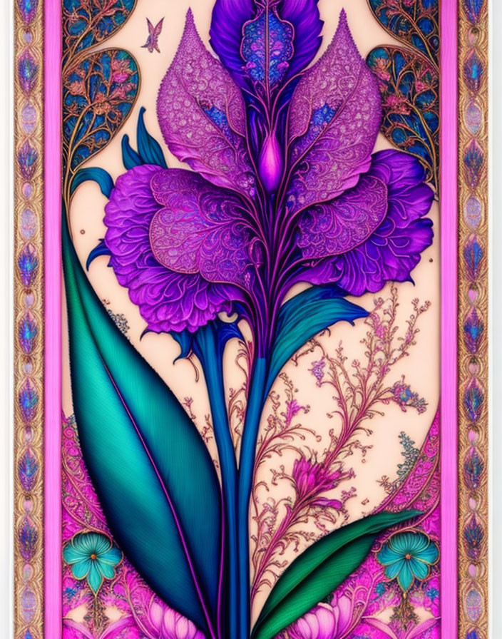 Colorful Stylized Purple Flower Illustration with Gold and Teal Accents