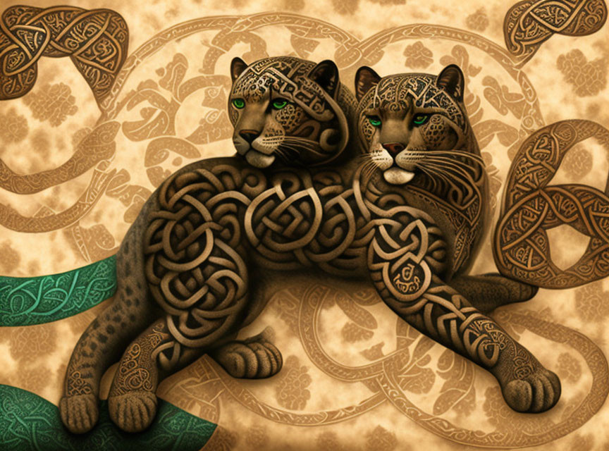 Stylized jaguars with intricate patterns on decorative Celtic knot background