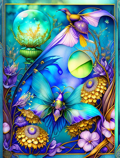 Fantasy image: Vibrant blue and purple flowers, golden details, glowing orbs on teal background