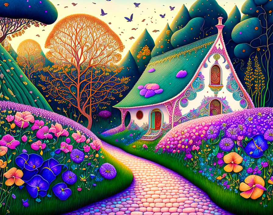 Colorful Fantasy Landscape with Quaint Cottage and Butterflies