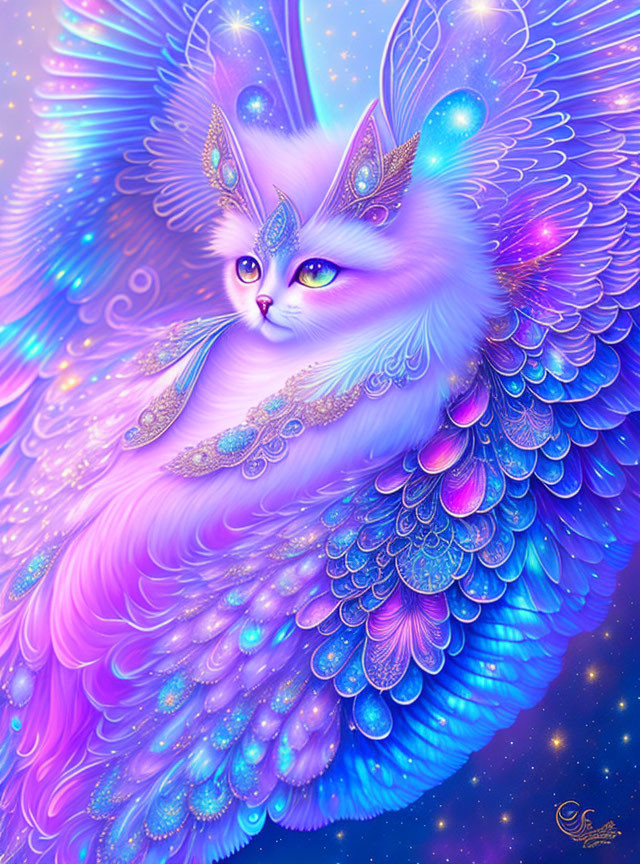 Majestic purple cat with multi-layered wings and celestial orbs