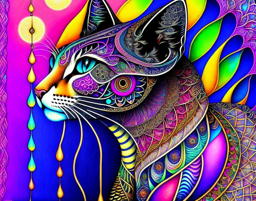 Colorful Psychedelic Cat Illustration with Vibrant Patterns