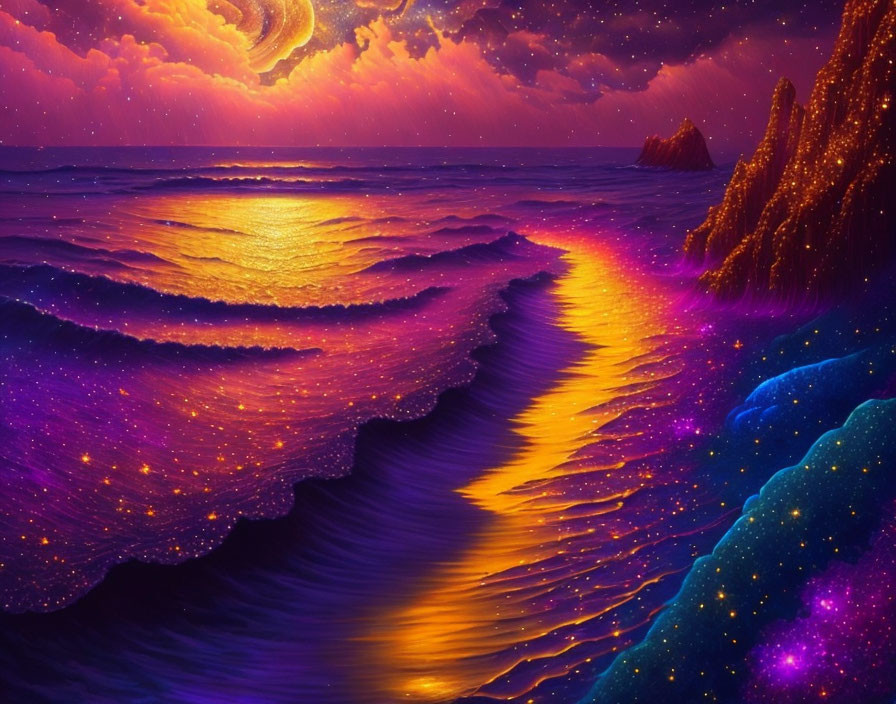 Colorful Ocean Digital Artwork with Galaxy Sky