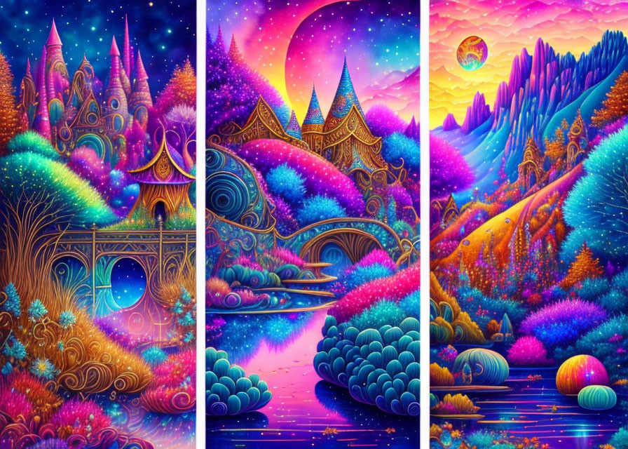 Vibrant Fantasy Landscapes with Castles and Celestial Elements