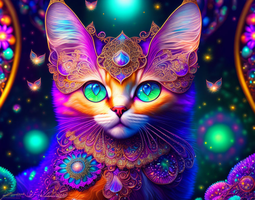 Colorful Cat with Intricate Patterns and Jewels