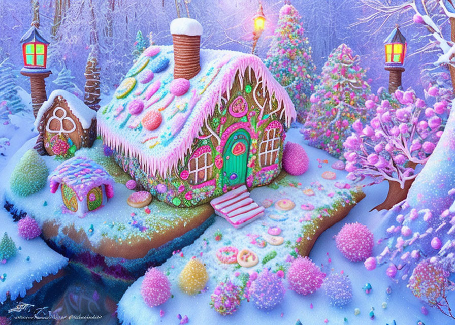 Colorful Gingerbread House with Candy Decorations in Snowy Landscape