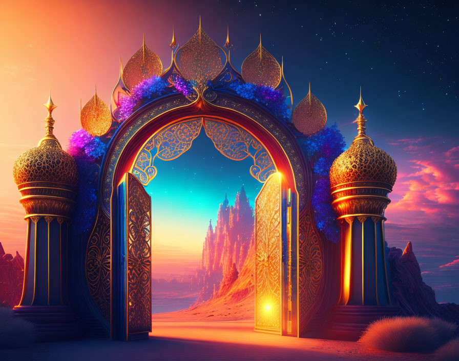 Intricate golden archway in mystical desert setting