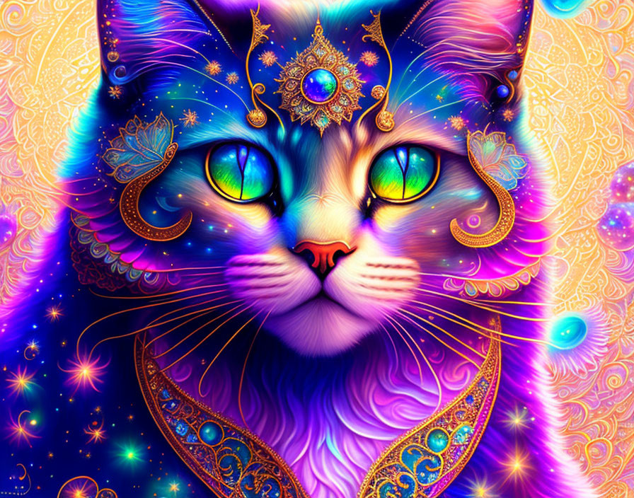 Colorful Psychedelic Cat Art with Cosmic Background