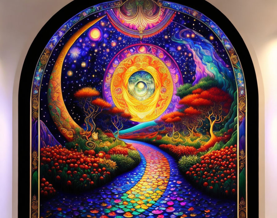 Colorful Psychedelic Painting with Cosmic Eye, Starry Sky, Trees, Path, Celestial