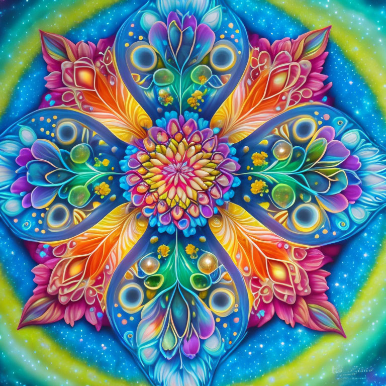 Symmetrical mandala with vibrant blue, orange, pink, and purple gradient and intricate floral patterns.