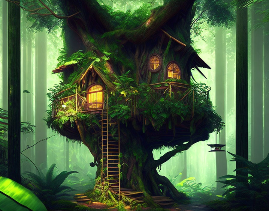 Cozy treehouse with warm lights in lush forest landscape