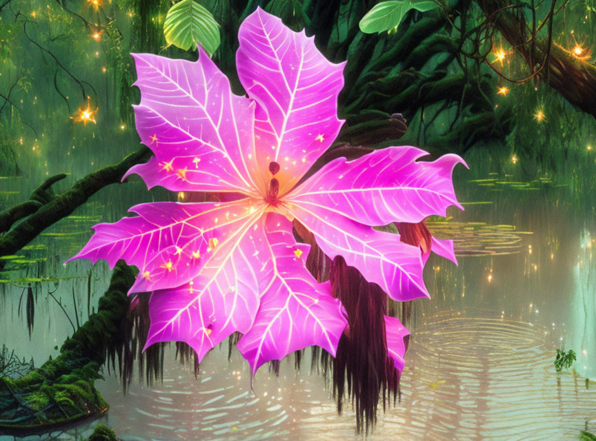 Vibrant Pink Leaf in Enchanting Swamp Setting