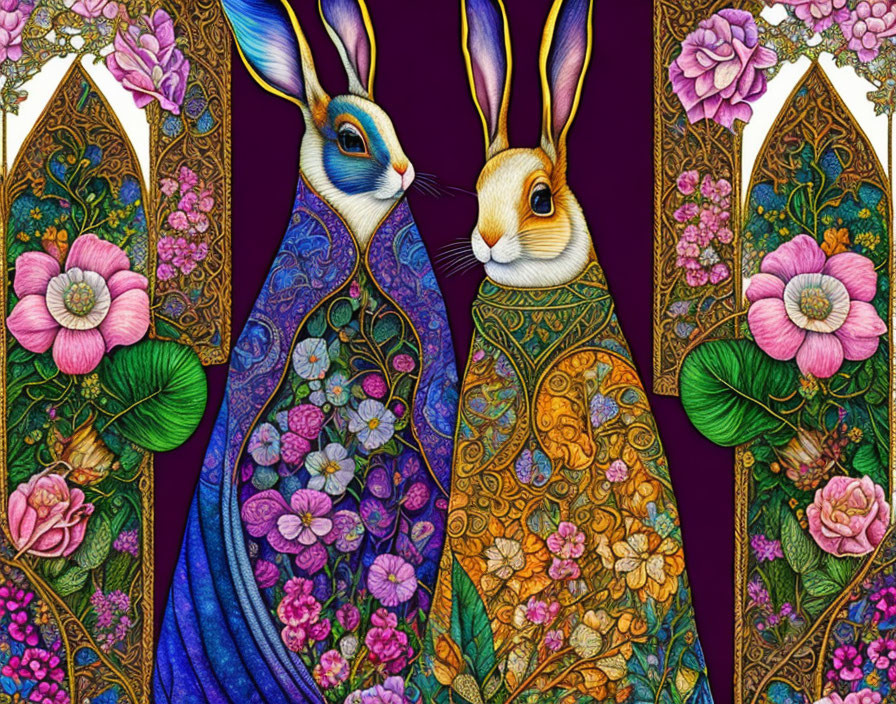 Detailed illustration of rabbits with peacock feather-like ears in intricate floral setting.