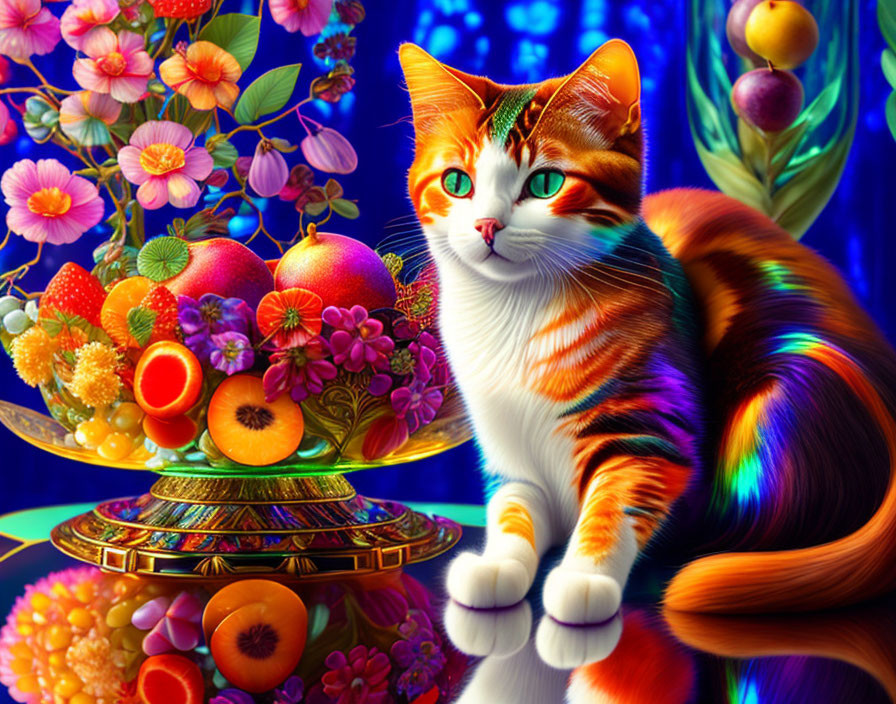 Colorful Cat with Green Eyes Beside Fruit Display