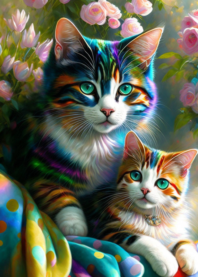 Colorful Cats Among Pink Roses in Surreal Digital Painting