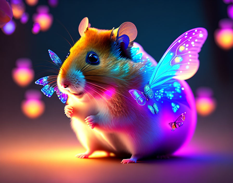 Colorful Hamster with Butterfly Wings in Magical Digital Art