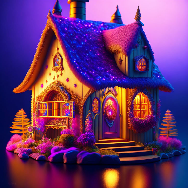 Whimsical fantasy cottage with glowing lights on dark backdrop