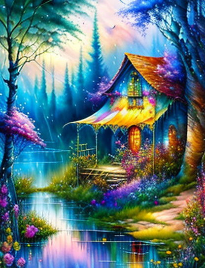 Whimsical Landscape with Cottage by Reflective Lake