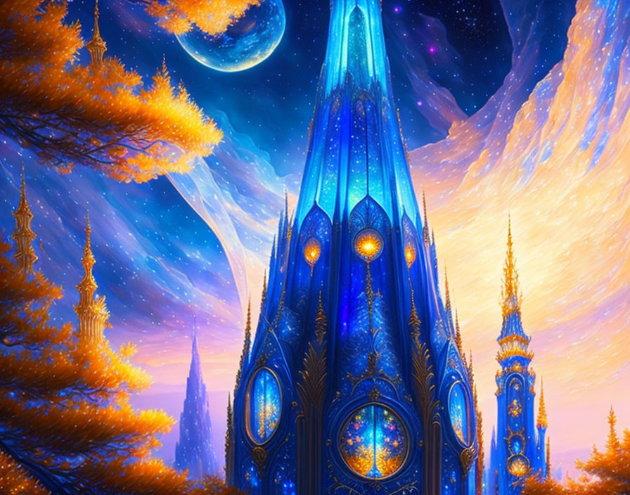 Fantasy landscape with starry sky, crescent moon, sapphire towers, and golden foliage