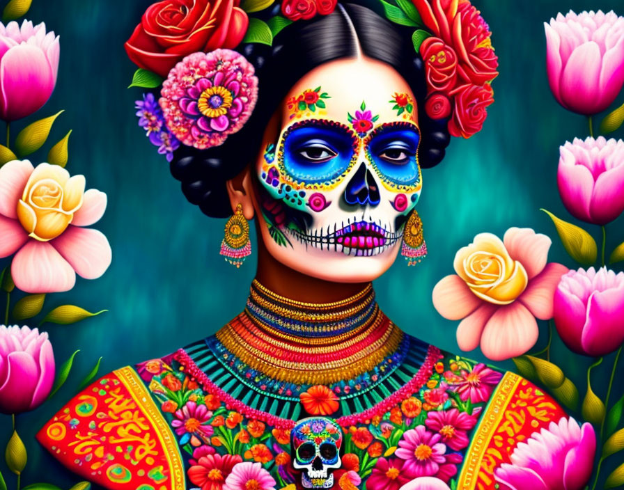 Vibrant Portrait of Woman in Day of the Dead Makeup