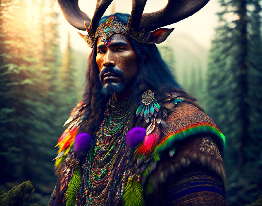 Majestic Figure in Forest with Antlers and Feathers