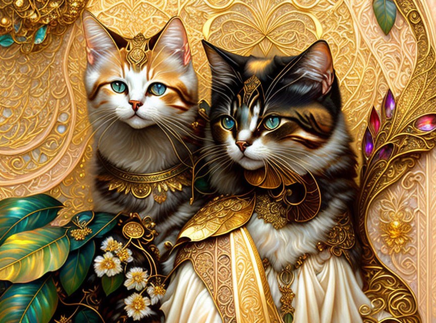 Regal cats in ornate attire on gold backdrop with intricate patterns