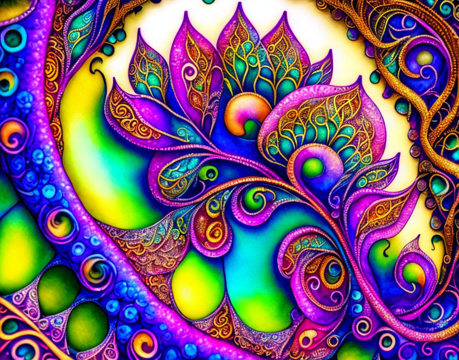 Colorful Abstract Artwork with Paisley Patterns and Swirls in Blues, Purples,