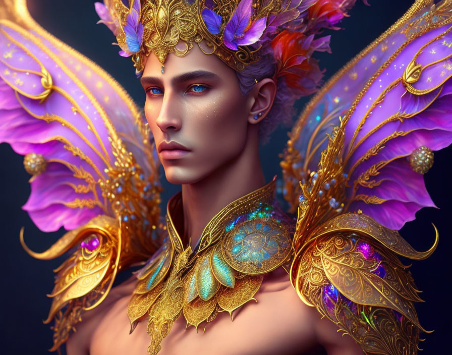 Digital art portrait featuring person with golden headgear and feather wings, vibrant colors and intricate patterns.