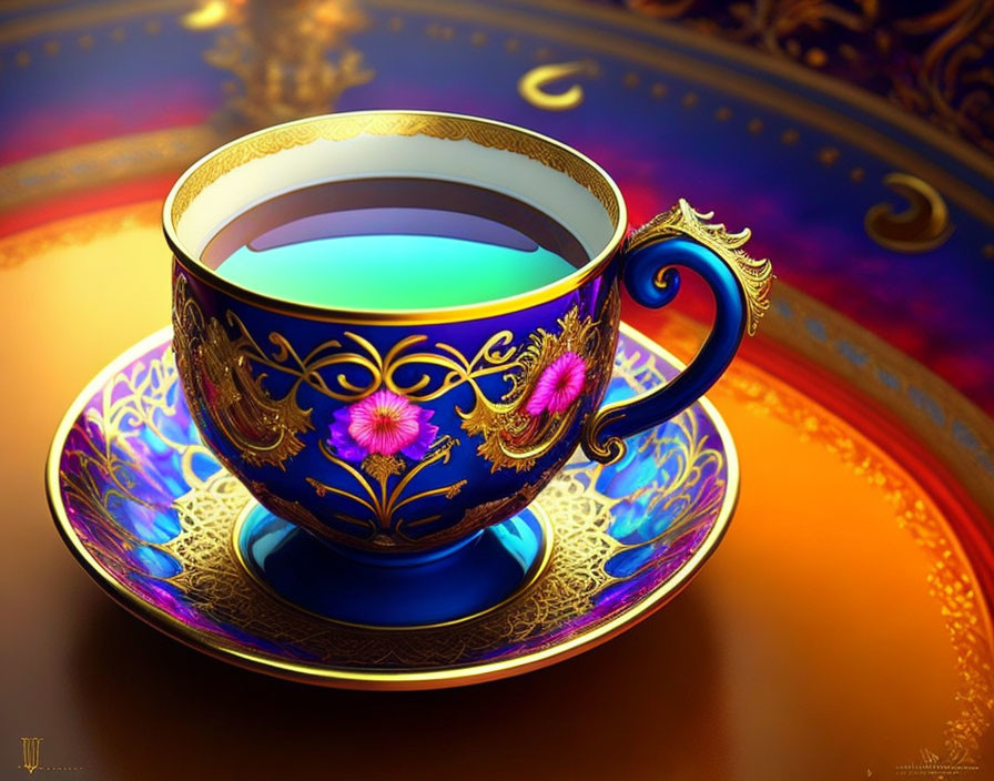 Golden cup with floral patterns and teal liquid on detailed saucer against warm background