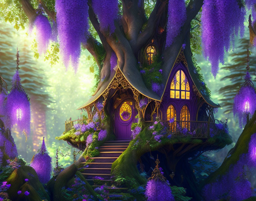 Magical forest treehouse with ornate windows and purple flowers