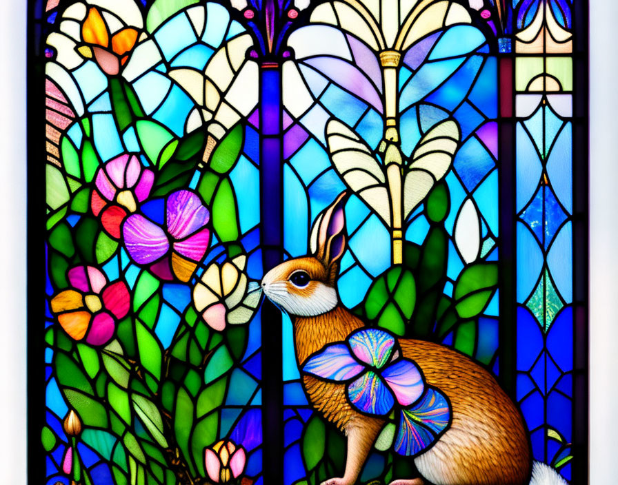 Vibrant Stained Glass Panel of a Hare and Flowers